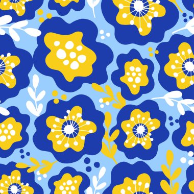 Bahar çiçek seamless modeli. Web, baskı, tekstil, duvar kağıdı tasarım için mavi, sarı ve lacivert çiçek arka plan.
