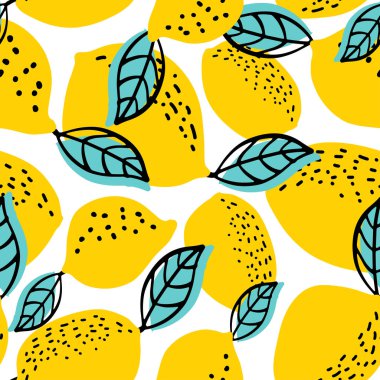Bütün limon ve yaprakları ile Seamless modeli. Vektör çizim. Tekstil, giyim, wrb, scrapbooking, duvar kağıdı için kullanılabilir