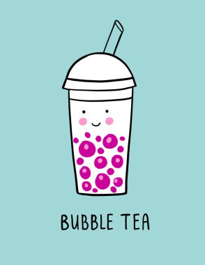 Kabarcık çay karikatür vektör çizim doodle tarzı. Mavi arka plan üzerinde gülümseyen kawaii Kupası