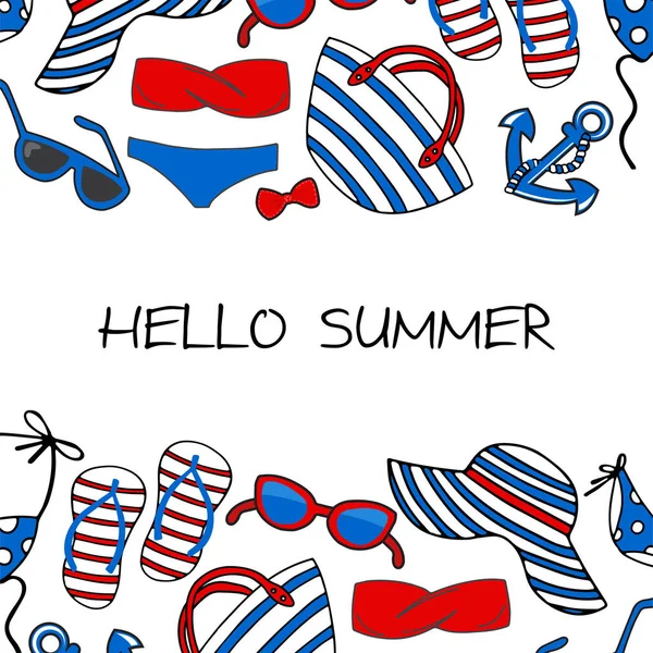 Hola Fondo Tarjeta Verano Texto Vectorial Con Accesorios Playa Estilo — Vector de stock