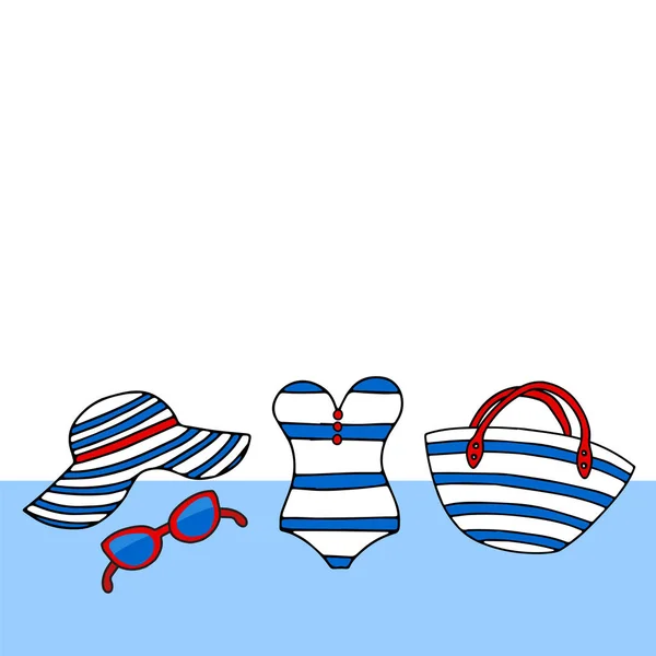 かわいい海のカード背景 マリン スタイルのビーチ アクセサリーとベクトル テキスト 女性夏ビキニ水着 バッグ サングラス 白い背景の上 — ストックベクタ