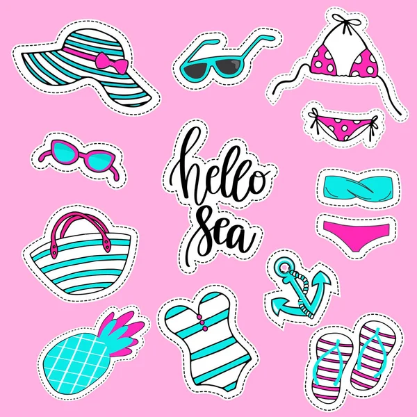 Stickers Set Gestreepte Blauwe Witte Roze Strand Accessoires Marine Stijl — Stockvector