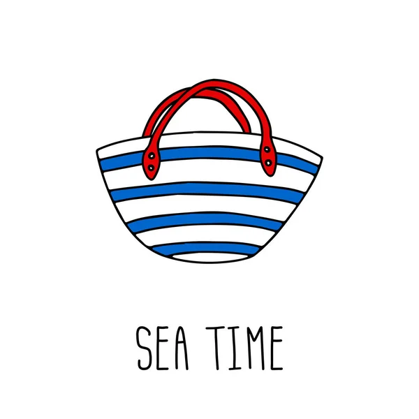 Літній Смугастий Пляжний Мішок Значок Каракулі Білому Тлі Векторна Ілюстрація — стоковий вектор