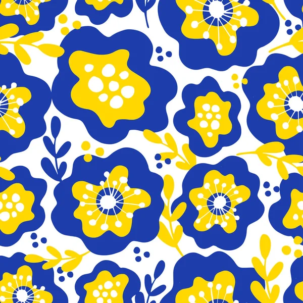 Frühling Florales Nahtloses Muster Blau Gelb Und Marine Blumen Hintergrund — Stockvektor