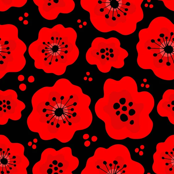 Poppy Zökkenőmentes Minta Piros Mákok Fekete Háttérrel Használható Textil Tapéta — Stock Vector