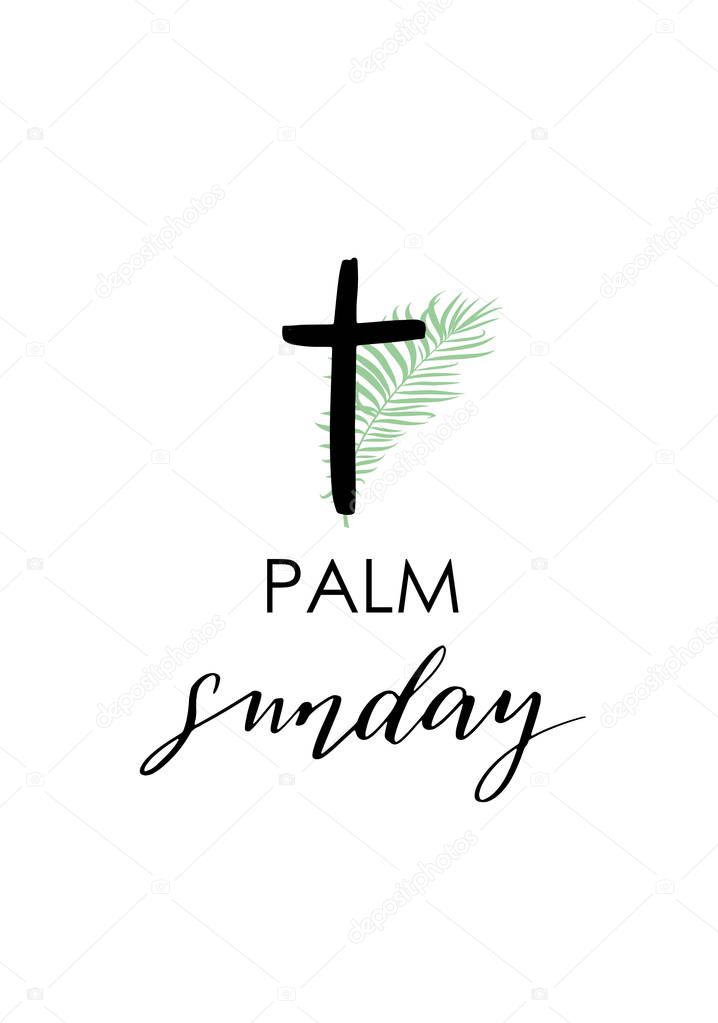 Green Palm leafs vector icon. Vector illustration for the Christian holiday. Palm Sunday handwritten phrase. Calligraphy quote on white background