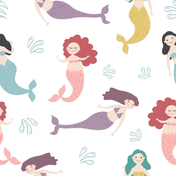 Seamless beautiful mermaid girl pattern vector illustration — Stock Vector