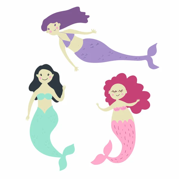 Niedliche Cartoon-Meerjungfrauen. Sticker, Clip-Art für Mädchen im Kawaii-Stil. für Einladungen, Sammelalbum, Blogging, Handyspiele — Stockvektor