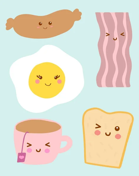 Lindos iconos del desayuno. Pan tostado divertido, té, huevo — Vector de stock