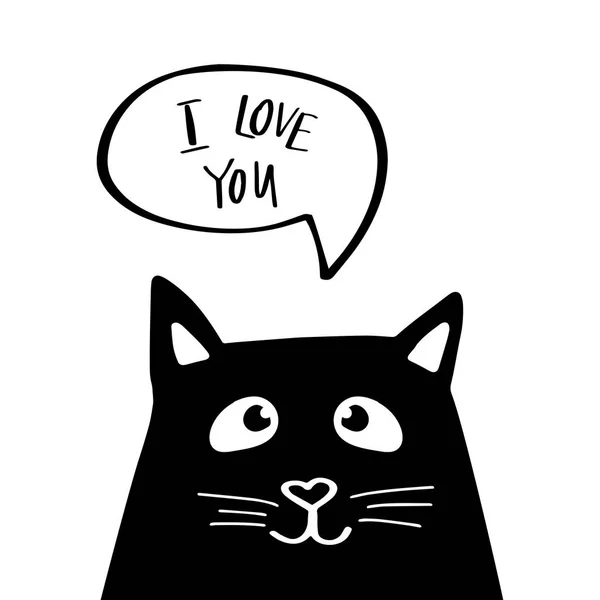 Gato preto engraçado com texto Eu te amo na bolha de fala. Ilustração bonito no fundo branco . —  Vetores de Stock
