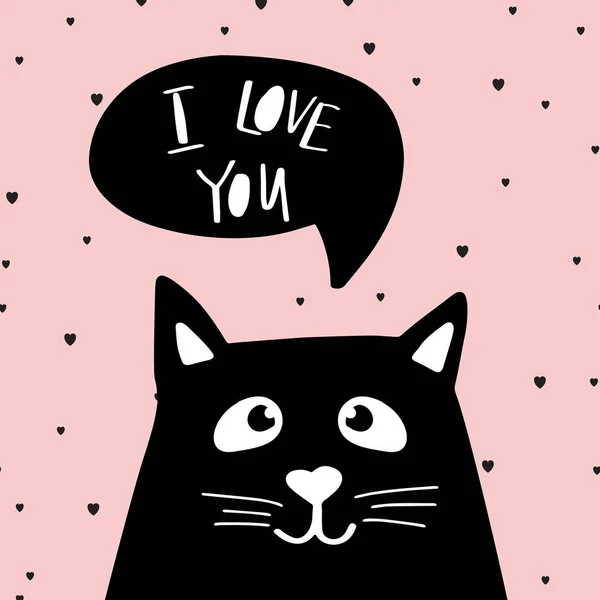 Забавна чорна кішка з текстом, який я люблю у мовній бульбашці. Симпатична ілюстрація на білому тлі . — стоковий вектор