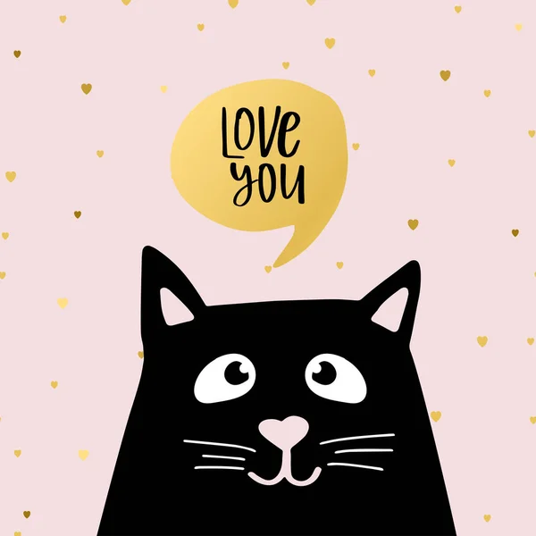 Chat noir drôle avec texte Je t'aime dans la bulle de la parole. Illustration mignonne sur fond blanc . — Image vectorielle