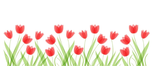 Modèle de fond plat horizontal avec des tulipes aux couleurs pastel dessinées à la main. Fleurs printanières. Éléments pour la conception, scrapbooking, pacage, papier peint — Image vectorielle