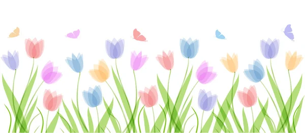 Plantilla plana de fondo horizontal con tulipanes de colores pastel dibujados a mano. Flores de primavera. Elementos para el diseño, scrapbooking, pacaging, papel pintado — Vector de stock