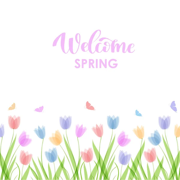 平面水平背景模板与手绘柔和的颜色郁金香。春天的花朵。设计元素, 刮板, 步进, 壁纸 — 图库矢量图片