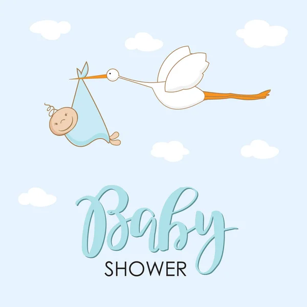 Πελαργός καρτούν στον ουρανό με το μωρό. Πρότυπο σχεδίασης για ευχετήρια κάρτα, Πρόσκληση ντους μωρών, πανό. Συγχαρητήρια για το νεογέννητο. Εικονογράφηση διάνυσμα σε επίπεδη στυλ. — Διανυσματικό Αρχείο