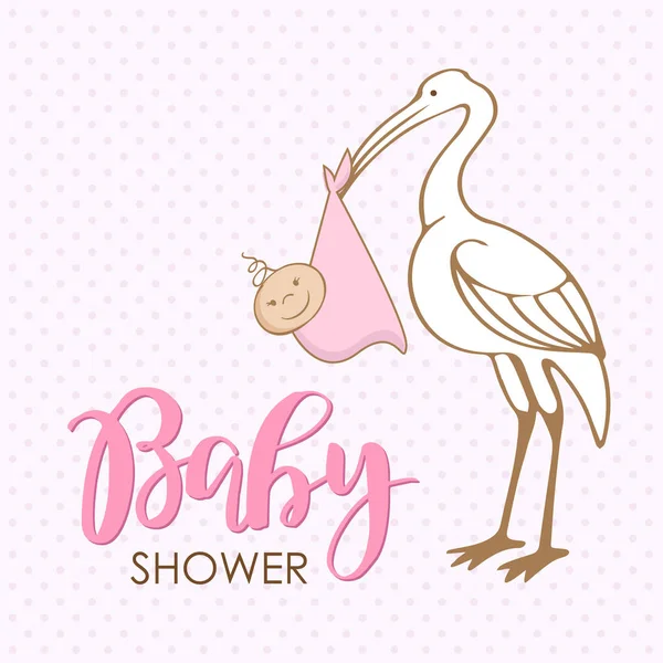 赤ちゃんとコウノトリで漫画。グリーティング カード、ベビー シャワーの招待、バナーのデザイン テンプレートです。新生児にお祝いの言葉。フラット スタイルのベクトル図. — ストックベクタ