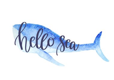 Vektör Illustration. Sevimli suluboya mavi balina, yunuslar boyalı. Metin ile tasarım şablonu kart Hello Sea.