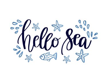 Merhaba deniz kartı. Deniz hakkında güzel alıntı. Mürekkep çizimi. Modern fırça kaligrafi. Yaz alıntısı