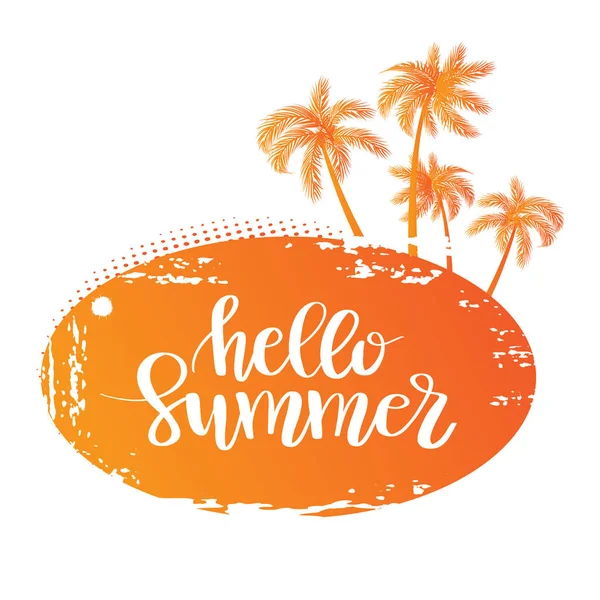 Vector illustration: Hand drawn palm trees on island with handwritten lettering of Summer. — Stock Vector