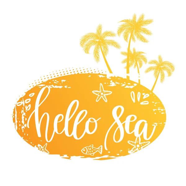 Vector illustration: Hand drawn palm trees on island with handwritten lettering of Summer. — Stock Vector