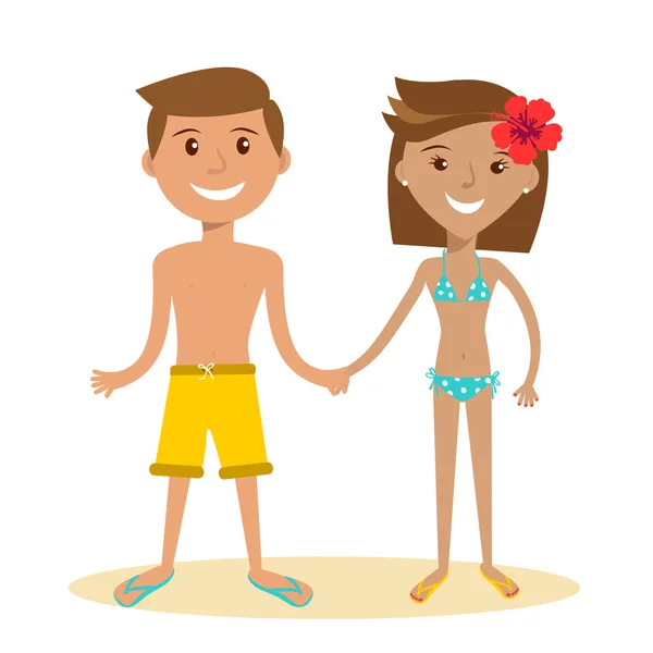 Pareja plana en trajes de baño tomados de la mano en la ilustración del vector blanco. Concepto de vacaciones . — Vector de stock