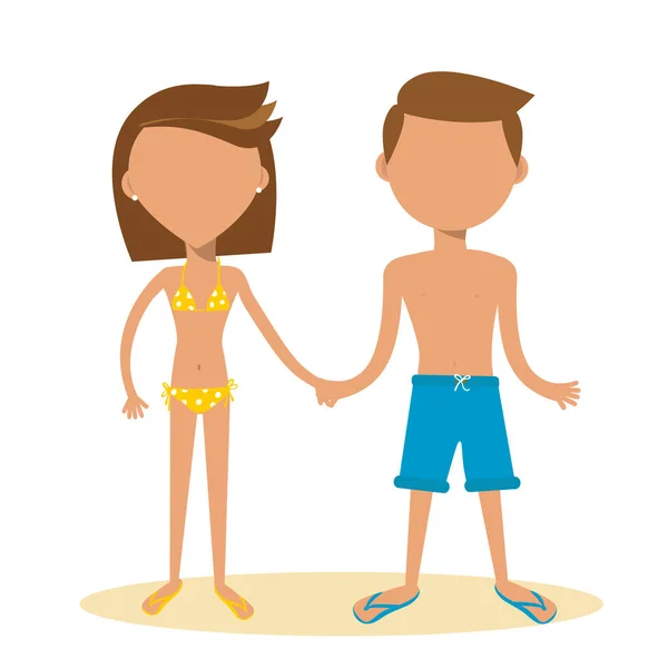 Pareja plana en trajes de baño tomados de la mano en la ilustración del vector blanco. Concepto de vacaciones . — Archivo Imágenes Vectoriales