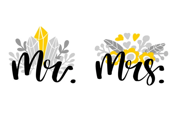 Sr. e Sra. Lettering. Design de convite de casamento com composição floral. Casal sinal caligráfico moderno. Ilustração vetorial —  Vetores de Stock