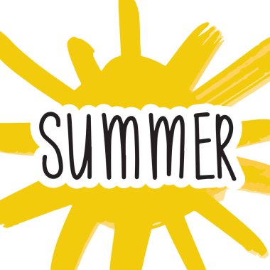 Merhaba Yaz yazı tasarımı. Güneş ile vektör illüstrasyon