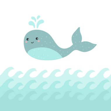 Sevimli Küçük Mavi Balina, vektör illüstrasyon