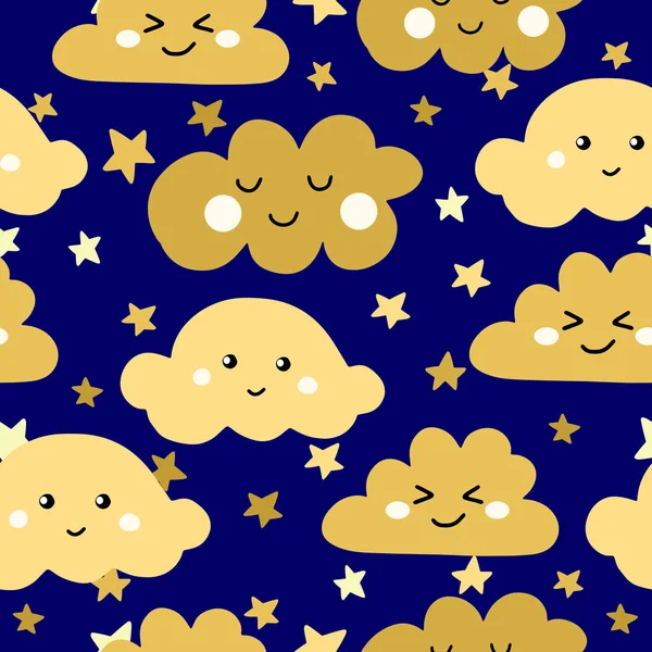 Modèle sans couture drôle de nuage kawaii sur l'arc-en-ciel. — Image vectorielle