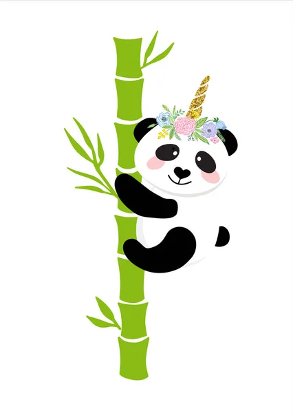 Cute panda with a unicorn horn in the color of the rainbow. Pandacorn. — Stock Vector