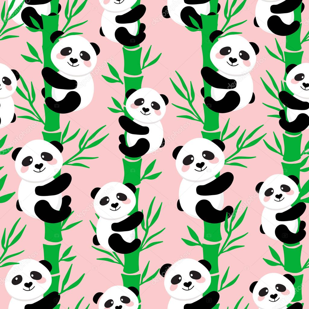 Cute Cartoon Panda Seamless Pattern Background, Vector illustration