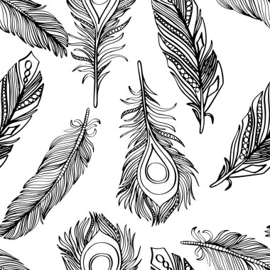 Kusursuz desenli, el yapımı tüyleri olan siyah beyaz. Vektör