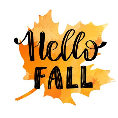 Merhaba sonbahar sonbahar harfleri turuncu suluboya akçaağaç yaprağı arka planında