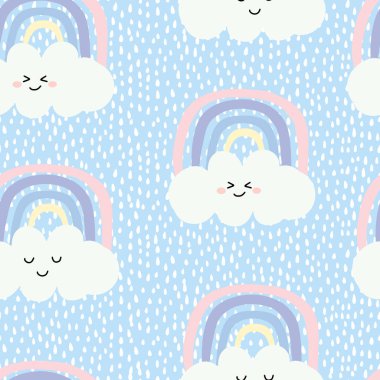 Vektörde renksiz gökkuşağı ve bulut resimleme deseni