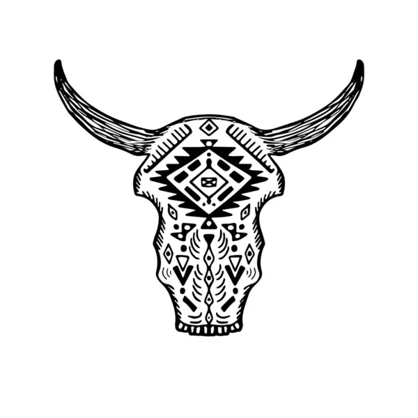 Dekoracyjna indyjska czaszka byka w tatuażowym stylu plemiennym. Ilustracja wektora narysowanego ręcznie — Wektor stockowy