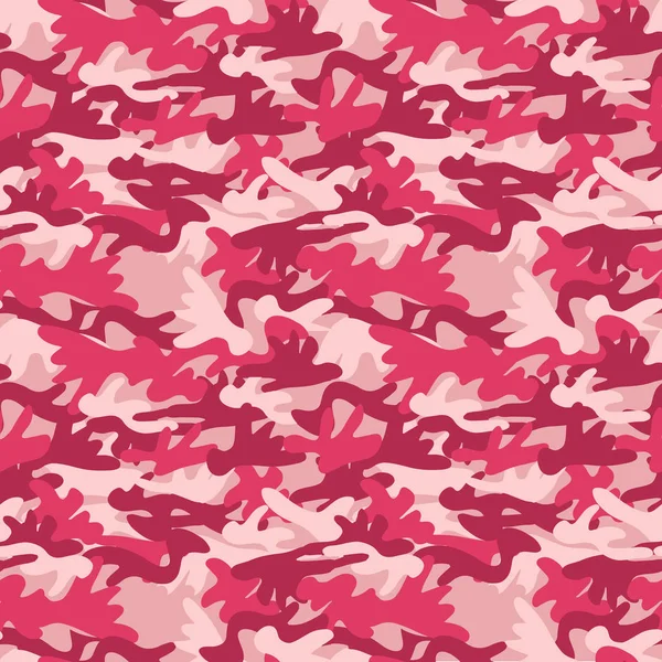 Camouflage patroon naadloze achtergrond. Klassieke kledingstijl maskeren camo herhalen afdrukken. Roze orchidee roze ruby kleuren forest textuur. Ontwerpelement. Vectorillustratie. — Stockvector