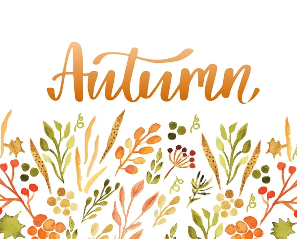 Hello autumn hand lettering phrase on orange watercolor maple leaf background — Stock Vector