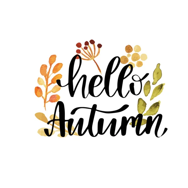 Ciao autunno mano lettering frase su arancio acquerello foglia d'acero sfondo — Vettoriale Stock