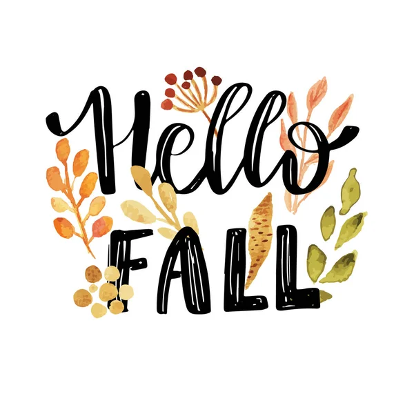 Hello fall hand leeping phrase on orange watercolor maple leaf fone — стоковый вектор