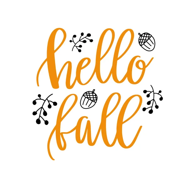 Bonjour automne lettrage à la main phrase sur fond de feuille d'érable aquarelle orange — Image vectorielle