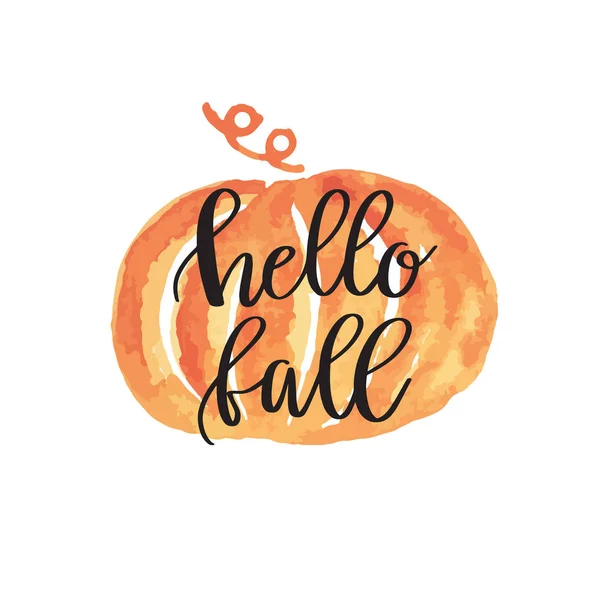 Hello fall hand leeping phrase on orange watercolor maple leaf fone — стоковый вектор