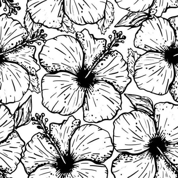 Απρόσκοπτη γραφική καλλιτεχνική τροπική φύση μοτίβο, τροπικό δάσος floral print, κομψό φόντο με άνθη ιβίσκου και φύλλα — Διανυσματικό Αρχείο