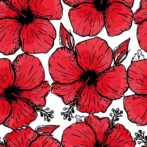 Naadloos grafisch artistiek tropisch natuur patroon, regenwoud bloemenprint, stijlvolle achtergrond met hibiscus bloemen en bladeren — Stockvector