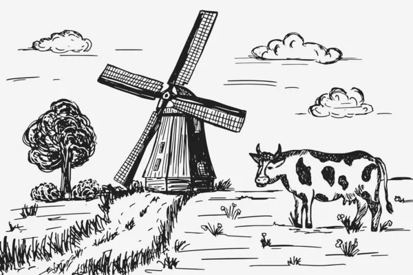 Esquisse de campagne avec moulin à vent. Illustration vectorielle — Image vectorielle