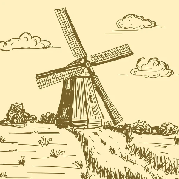 Doodle disegnato a mano illustrazione di una campagna con mulino a vento — Vettoriale Stock