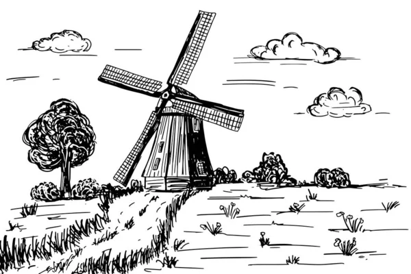 Handgetekende doodle illustratie van een landschap met windmolen — Stockvector