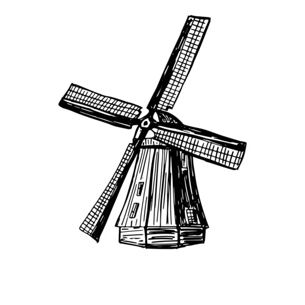 Molino de viento, molino de viento dibujado a mano dibujo vector ilustración grabada. Emblema del edificio antiguo, logotipo, pancarta, insignia para póster, web, móvil, icono, embalaje — Archivo Imágenes Vectoriales