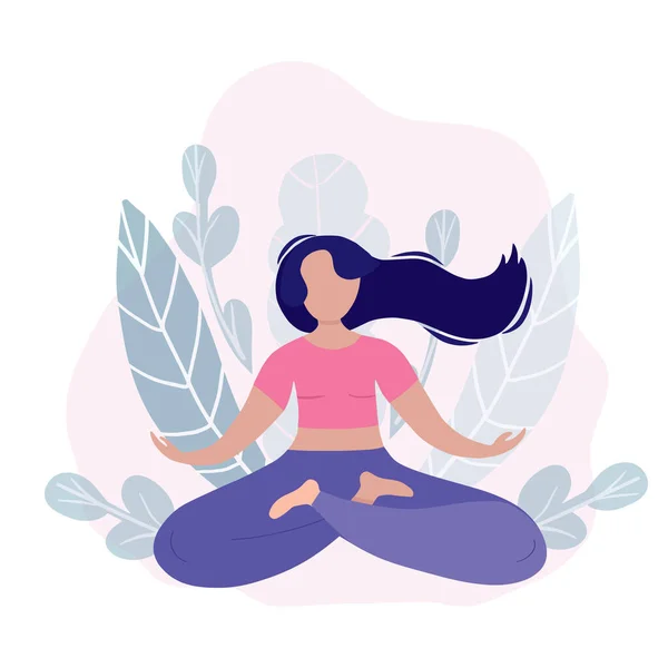 Mujer haciendo yoga. Postura del loto La práctica de la meditación. Ilustración plana del vector. — Archivo Imágenes Vectoriales